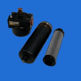 Group of hydraulic components: a small valve, a black filter housing, and a pleated cartridge filter on a blue background.