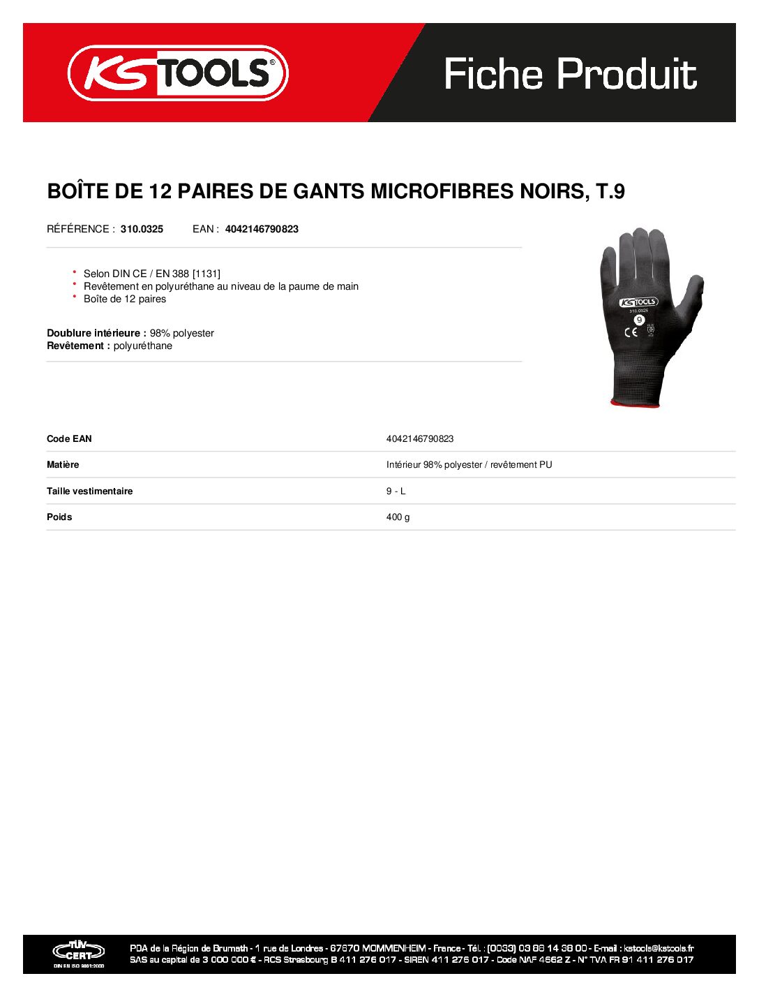 3100325 gants Microfibre Noirs T9 12 Paires | Hydrauhavre