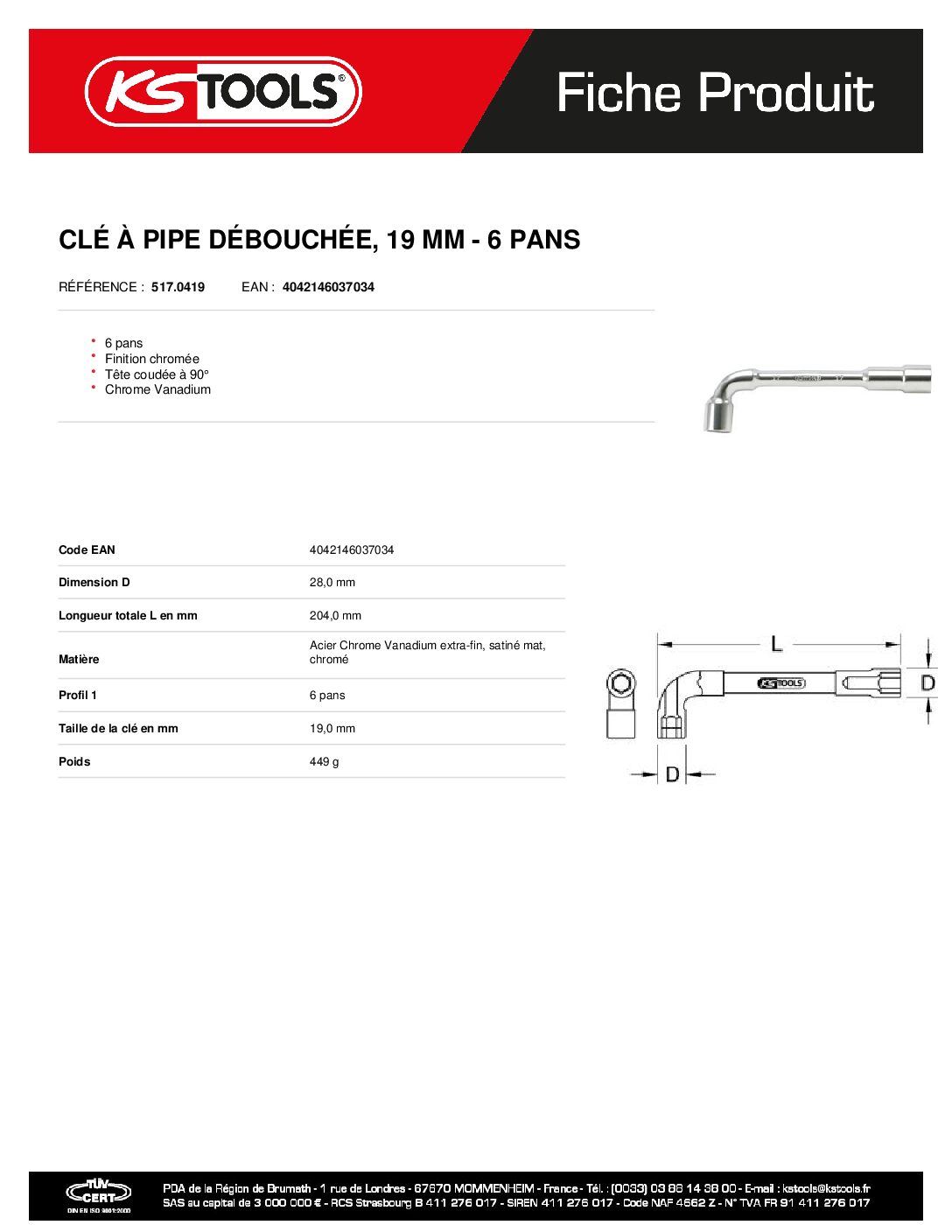 5170419 clÉ À Pipe DÉbouchÉe 6 Pans 19 Mm | Hydrauhavre