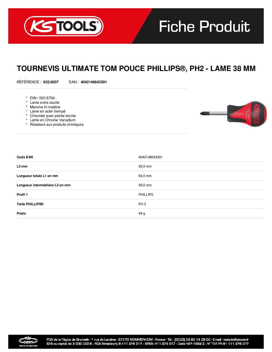 9226037 tournevis Ultimate Tom Pouce Phillips Ph2 Lame 38 Mm | Hydrauhavre