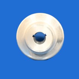 Close-up of a silver metal ring with a central hole on a blue background.