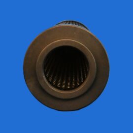 Close-up of a brown metal cylindrical fitting with internal threads, centered on a blue background.