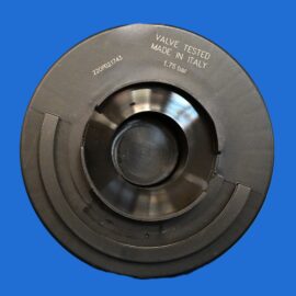 Close-up of a dark circular valve part with engraved text reading 'VALVE TESTED MADE IN ITALY 1.75 bar' against a solid blue background.