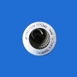 Close-up of a silver camera lens ring with engraved text around the rim on a blue background.