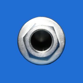 Close-up of a silver metal nut with a large central hole on a solid blue background.