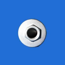 Partial view of a silver metal bearing or pulley at the bottom-right against a solid blue background.