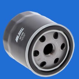 Car oil filter cartridge with threaded center hole and side holes, shown against a blue background.