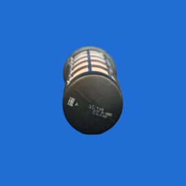 Bottom of a black boot seen from above, with metal rings along the shaft, against a solid blue background.
