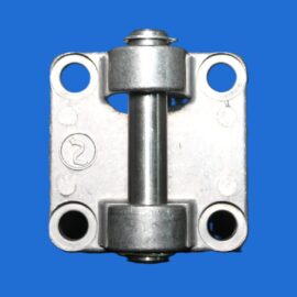 Close-up of a metal hinge assembly with a central pin and mounting plates on a blue background.