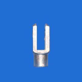 Close-up of a metal two-pronged fork (tuning-fork style) against a blue background.