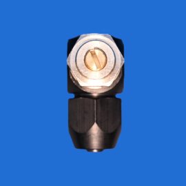 Close-up of a metal bolt head with a slotted brass screw in the center against a solid blue background.