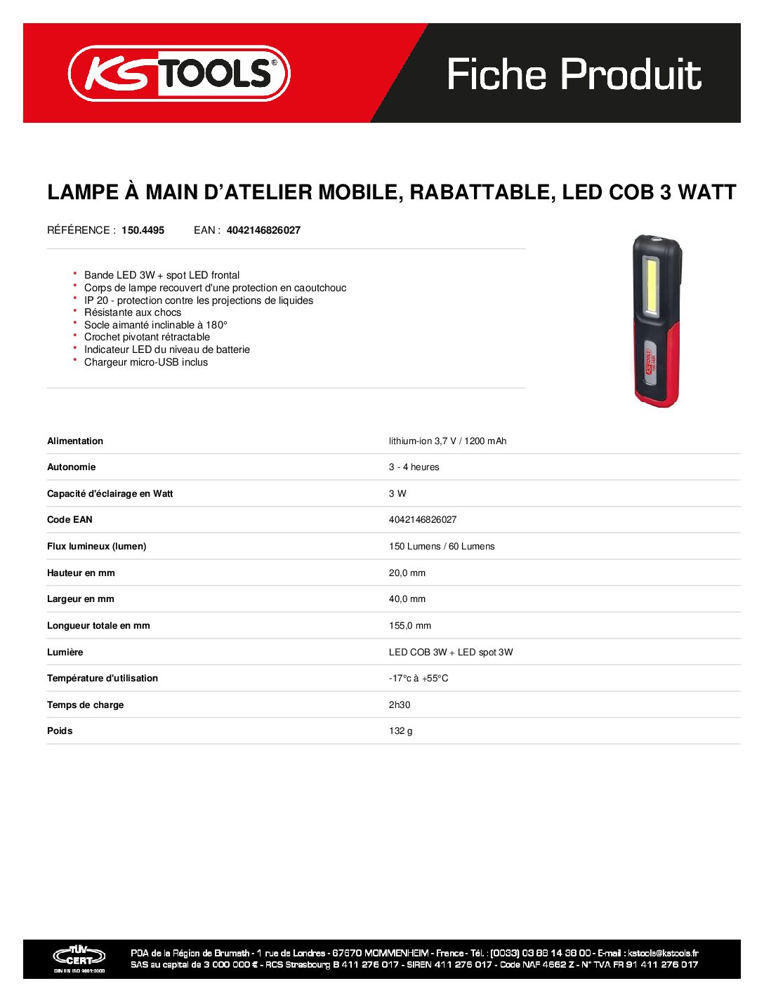 1504495 lampe À Main Datelier Mobile Rabattable Led Cob 3 Watt | Hydrauhavre