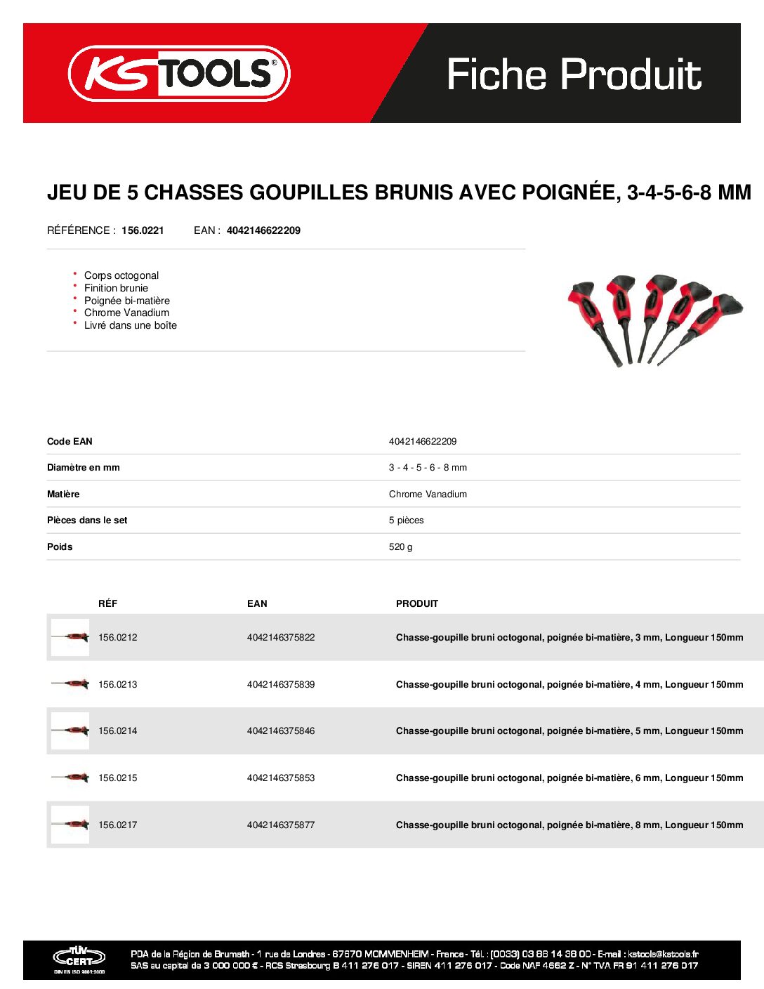 1560221 jeu De 5 Chasses Goupilles Brunis Avec PoignÉe 3 4 5 6 8 Mm | Hydrauhavre