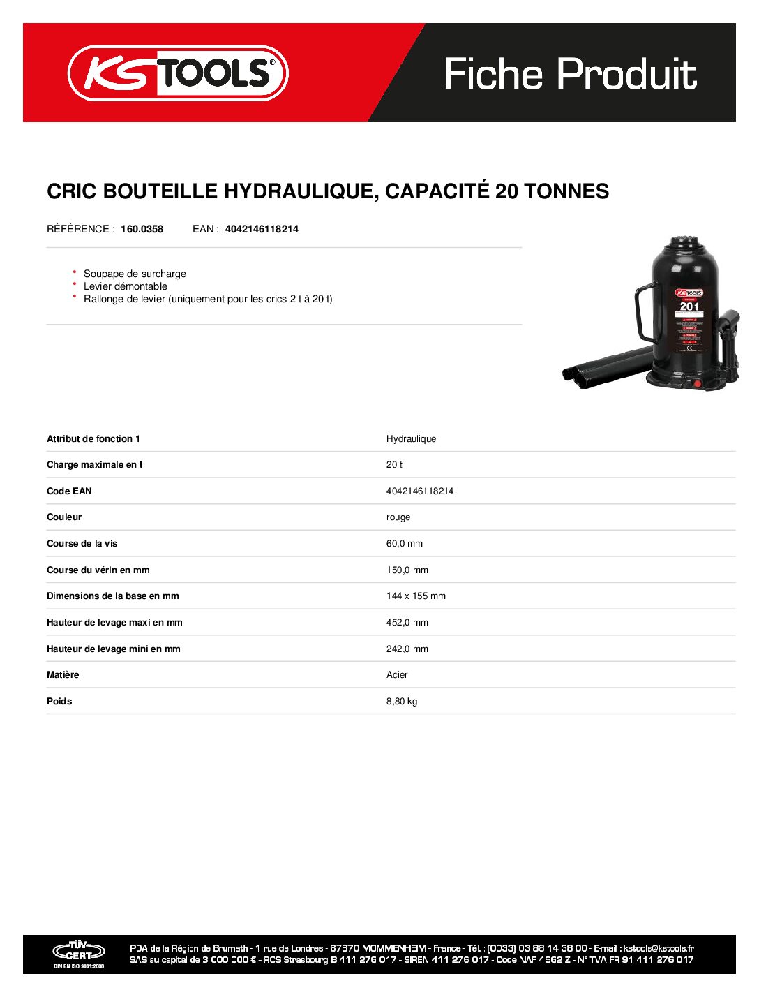 1600358 cric À Bouteille Hydraulique CapacitÉ 20 Tonnes | Hydrauhavre
