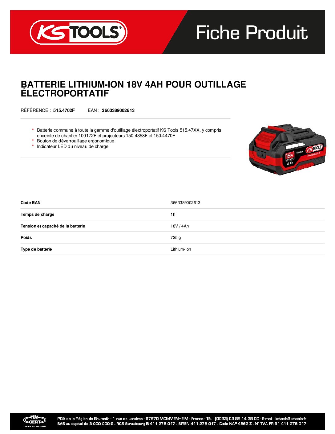 5154702f batterie Lithium Ion 18v 4ah Pour Outillage ÉlÉctroportatif | Hydrauhavre