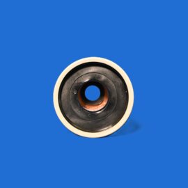 Close-up of a circular speaker component with a black cone and white rim against a blue background.