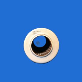 Close-up of a beige metal ring with an inner hole and visible markings (SH51337V) on a solid blue background.