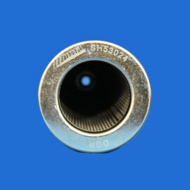 Close-up of a metallic circular lock dial with engraved markings against a blue background, showing SH53024.
