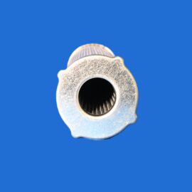 Close-up of a worn metal pipe fitting or nozzle protruding toward the viewer against a solid blue background, showing internal threading/ opening.