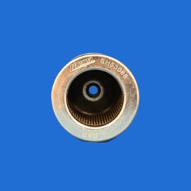 Close-up of a metal bearing rim with a central hole, set against a solid blue background.