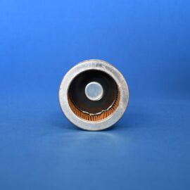 Close-up of a metallic cylindrical part with orange braided interior, set against a blue background.