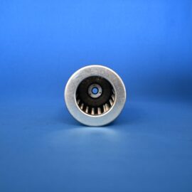 Close-up of a silver circular mechanical part with inner gears on a blue background, centered near the bottom edge.