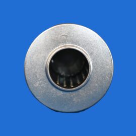 Close-up of a circular metallic object with a hollow center and a textured surface against a solid blue background.