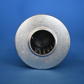 Close-up of a textured silver metal ring with a circular opening against a blue background.