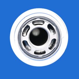 Close-up of a metal bearing embedded in a white circular housing on a blue background.