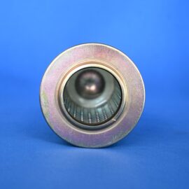 Close-up of the top rim and opening of a metal can against a solid blue background, showing ridged interior edges and metallic sheen.