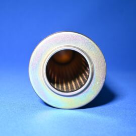 Close-up of a shiny metal can opening against a bright blue background.