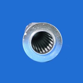 Close-up of a shiny, cylindrical metal pipe connector or flange against a blue background, showing its ridged interior.