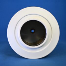 Close-up of a white circular security camera dome against a blue background, showing the lens in the center.
