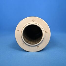 Close-up of a metal pipe flange with a circular opening, set against a blue background.