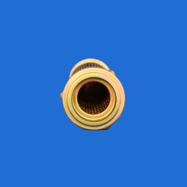 Close-up of a gold-colored circular metal ring protruding from the bottom edge against a solid blue background with concentric rings visible.