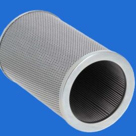 Cylindrical metal mesh filter cartridge with perforated exterior and open end on a blue background.