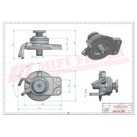 Three-view CAD drawing of a cylindrical filter with a threaded inlet, mounting flange, and dimensions, showing front, top, and side views (watermark: HIFI FILTER).