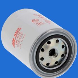White automotive oil filter with metal threaded end on a blue background.