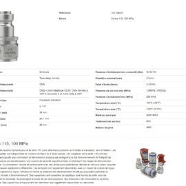 Metal hydraulic quick-connect coupling with CEJN logo beside a detailed specifications table on a product page.