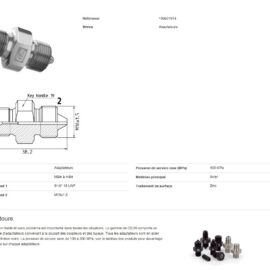 Adapter with two threaded ends and CEJN logo, shown beside a technical dimensioned drawing and spec table on a product page.