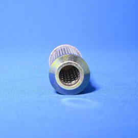 Close-up of a stack of metal pipe fittings with ridged interiors against a blue background.