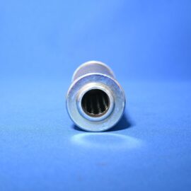 Close-up of a metallic pipe fitting with an open end, set against a bright blue background.
