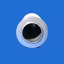 Close-up of the rim of an open metal can against a solid blue background, showing its dark interior and worn edges.