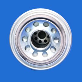 Close-up of a metal circular connector with holes, set against a blue background.