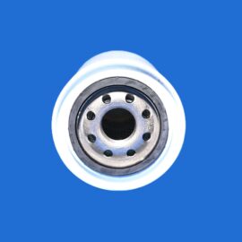 Close-up of a metallic can top partially visible at the bottom of a blue background.