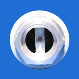 Close-up of a circular metal mechanical component with a central bolt on a blue background.