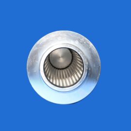 Close-up of a metal circular flange with a ridged interior, set against a solid blue background.