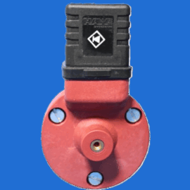 Industrial red circular mounting with a central nozzle and a black rectangular plug on top against a blue background.
