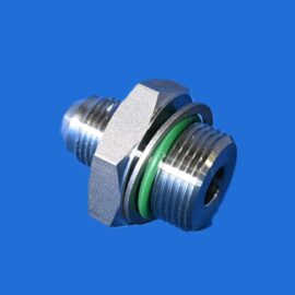 Metal hydraulic fitting with threaded ends and a green O-ring against a blue background.