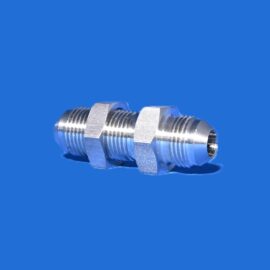 Metal threaded pipe fitting (union) with hex nuts on a blue background, close-up view